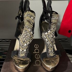 Bebe Black Heels with Gold and Silver Accents